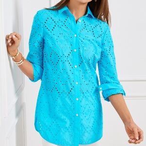 Talbots Eyelet Boyfriend Shirt Turquoise